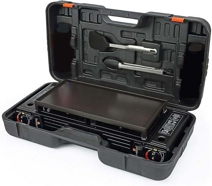 Portable Gas Double Burner Stove with Diecast Grill Plate /موقد غاز محمول شعلتين مع صفيحة شواء مصبوبة