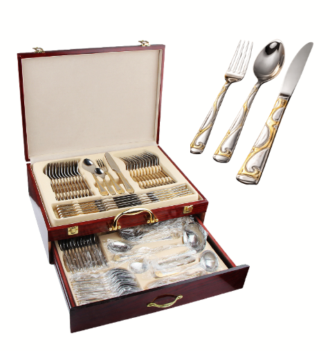 Gold Line Design High Quality Stainless Steel 72-Piece Cutlery Set with Box/طقم أدوات مائدة من الفولاذ المقاوم للصدأ عالي الجودة بتصميم ذهبي أنيق، مكون من 72 قطعة، مع علبة...