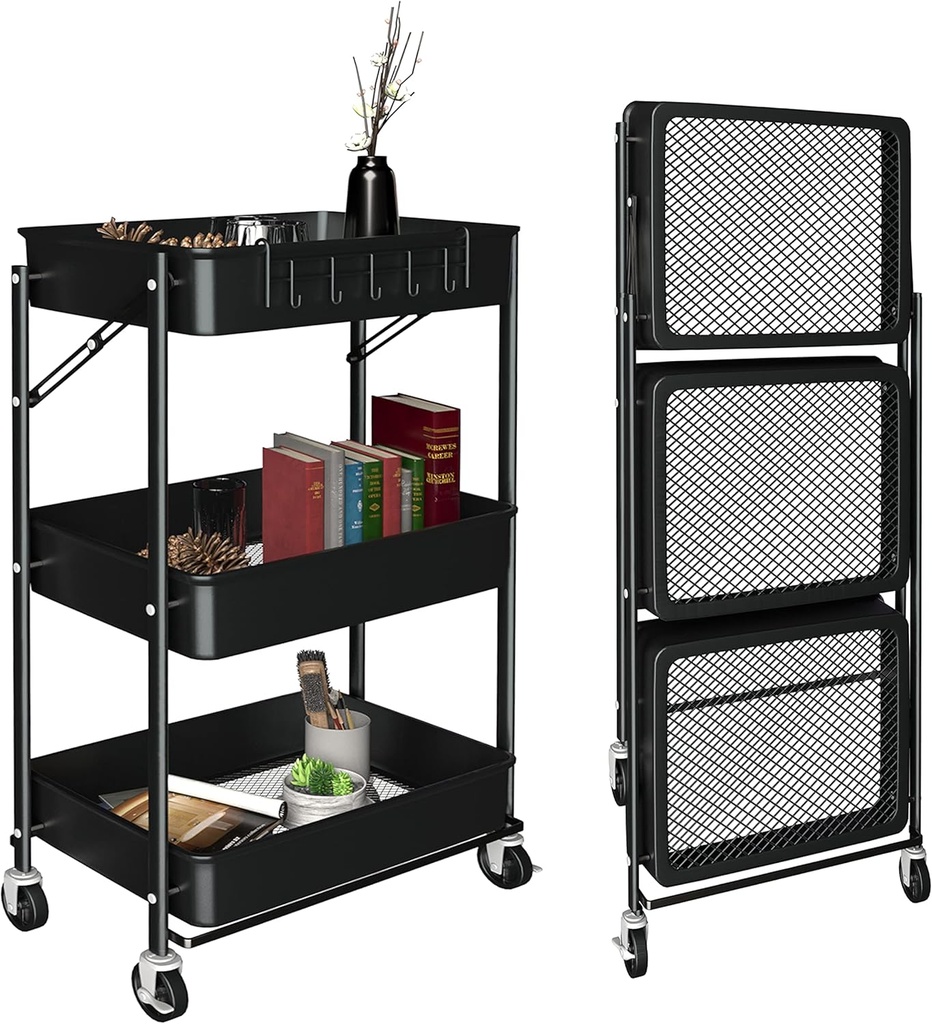 Foldable 3-Tier Gray Metal Rolling Cart with Wheels without handrail عربة نقل معدنية رمادية قابلة للطي بثلاثة أرفف وعجلات