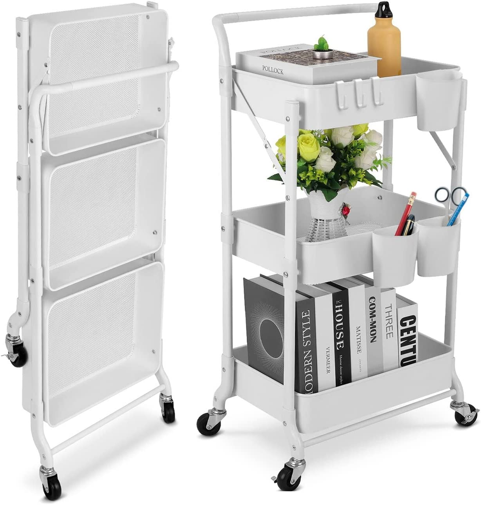 White foldable 3-tier metal serving rolling cart/عربة تقديم معدنية بيضاء قابلة للطي بثلاثة أرفف