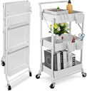 White foldable 3-tier metal serving rolling cart/عربة تقديم معدنية بيضاء قابلة للطي بثلاثة أرفف
