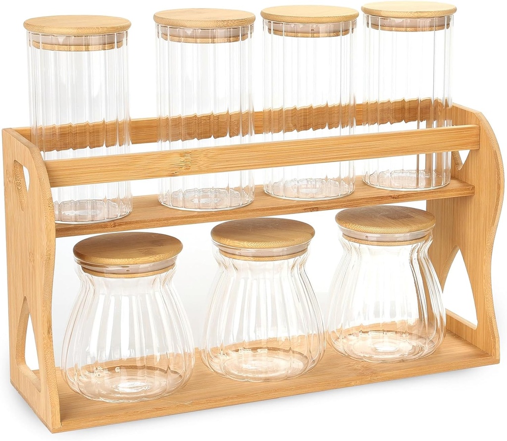 SPICES ORGANIZER WOODEN SET WITH 7 JARS/منظم توابل خشبي مع 7 مرطبانات