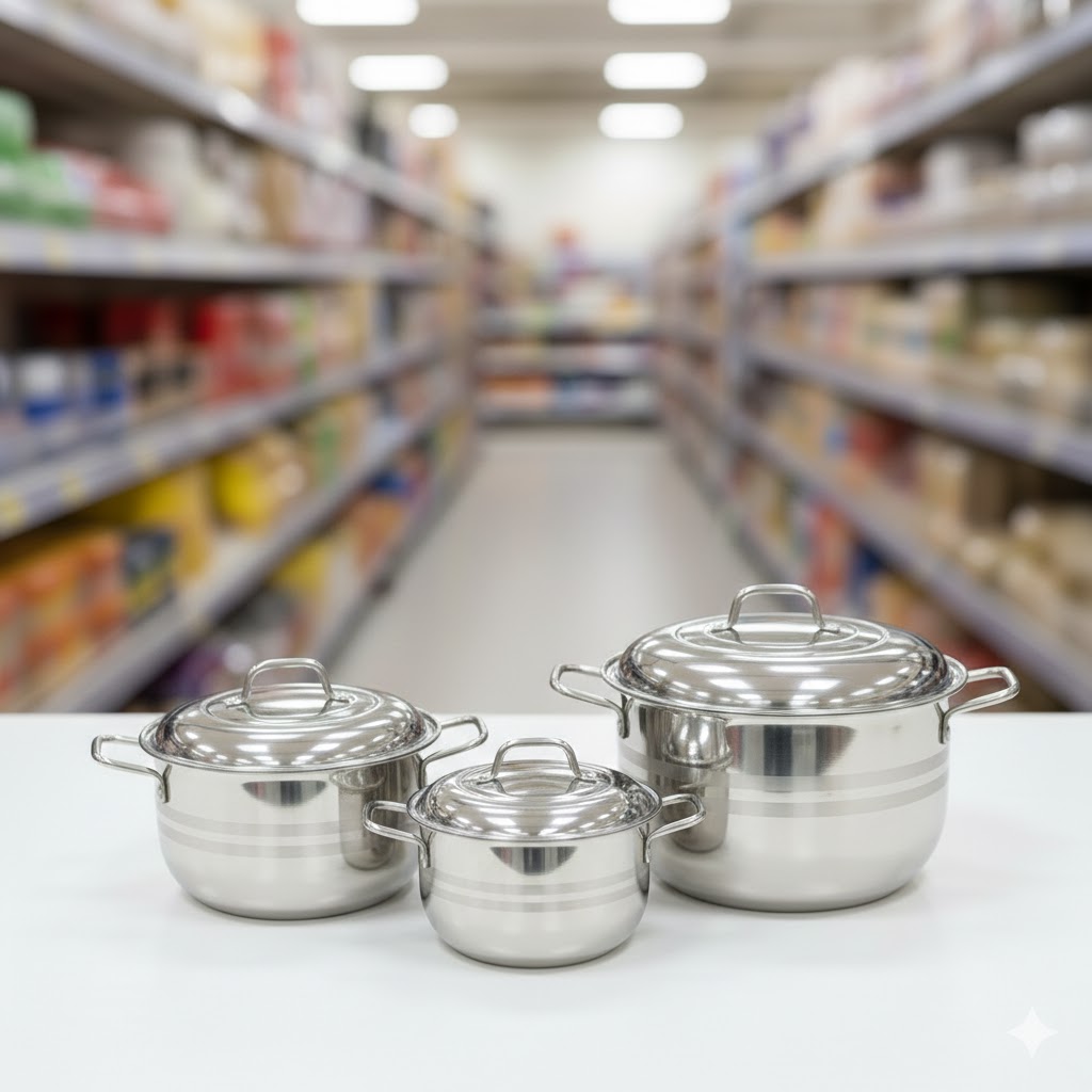 STAINLESS STEEL HOT POT SET 3PCS-SUPER CUBIC  / طقم حافظات الطعام من الفولاذ المقاوم للصدأ، 3 قطع