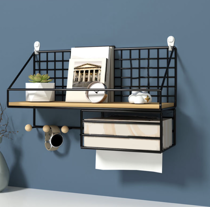 Metal Wall-Mounted Shelf with Hooks