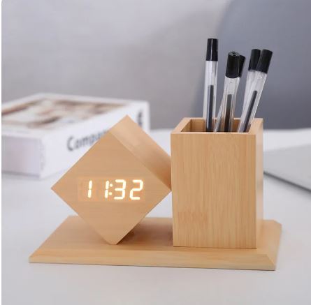 [AM-3662] LED Electronic wooden pen holder clock/ساعة الكترونية و منظم للمكتب