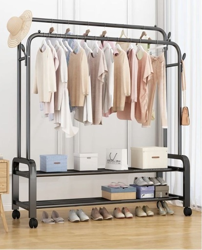 [YP610] Clothes Double Hanger Stand+2 Shelves +Wheels/ ستاند الملابس + عجلات +علاقة مزدوجة +رفين