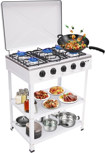 [AM-4716] GAS COOKER WITH STAND 5 EYES WITH COVER-White /فرن غاز مع ستاند, 5 عيون مع غطاء - أبيض 