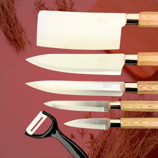 [AM-4893] Wooden Kitchen Knives Set 6 PCs/طقم سكاكين مطبخ خشبي 6 قطع