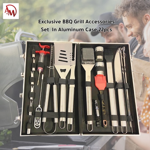 [AM-4894] Exclusive BBQ Grill Accessories Set  In Aluminum Case 22pcs/مجموعة اكسسوارات الشواء في علبة من الألومنيوم مكونة من 22 قطعة 