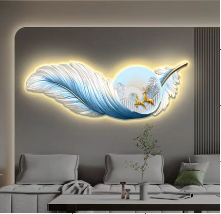 [BOCT 4222-1] 80CM DECORATIVE PAINTING WITH LIGHT FEATHERS/لوحة الريش 80سم مع اضاءة LED
