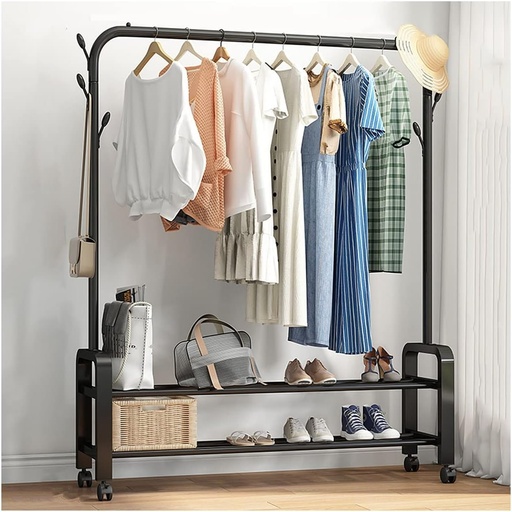 [AM-6345] Single Clothes Hanger with 2 Shelves with Wheels Plastic 175x120x46cm  40 KG /علاقة ملابس فردية مع رفين وعجلات
