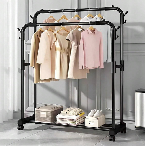 [AM-6346] Double Pole Clothes Hanger with 1 Shelf with Wheels Plastic 120x41x145cm/علاقة ملابس مزدوجة  الاعمدة مع رف واحد وعجلات