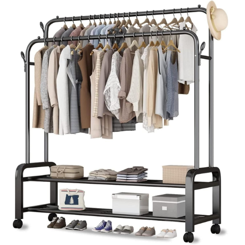 [AM-6348] Double Pole Clothes Hanger with 2 shelves with Wheels, Plastic 110x46x175cm, 60 KG /علاقة ملابس مزدوجة مع رفين وعجلات