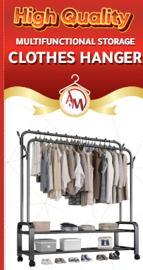 [AM-0710] 610 (A&M) Steel Double clothes hanger with 2 shelves + wheels, 60kg 150x110x25cm /علاقة الملابس الفولاَذA&M المزدوجة مع رفين + عجلات 60 كيلو