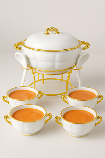 [AM-6576] Fancy Ceramic Soup Tureen Bowl Set with 6 cups JC8077-L1 White /مجموعة أوعية حساء سيراميك فاخرة مكونة من 6 قطع 