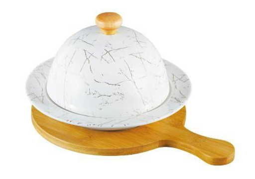 [AM-6579] Ceramic Butter Dish with a lid and a wooden base JD7811-1-H28/ طبق زبدة سيراميكي مع غطاء وقاعدة خشبية 