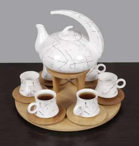 [AM-6583] Modern Ceramic Marble Tea Set with a bamboo rack -JD7791-H28/طقم شاي رخامي سيراميكي حديث مع رف من الخيزران