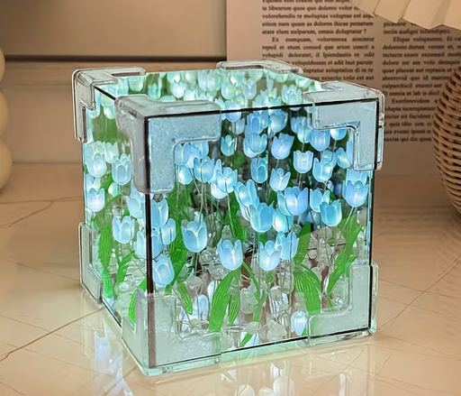[AM-5498] DIY Tulip Mirror Night Light, Floral Cube-Shaped (battery)/مصباح ليلي على شكل مرآة زهرة التوليب، على شكل مكعب زهري