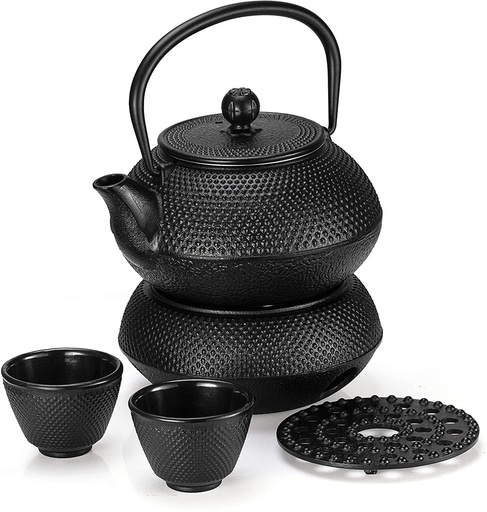 [AM-6748] Cast iron teapot set (1.5L teapot, 4 cups, 1 teapot mat, 1 round stove) Black /طقم إبريق شاي من الحديد الزهر (إبريق سعة 1.5 لتر، 4 أكواب، حصيرة إبريق شاي، موقد دائري) أسود