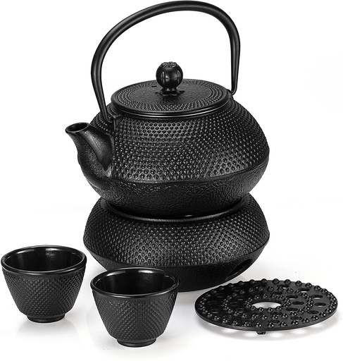 [AM-6758] Cast iron teapot set (1.2L teapot, 4 cups, 1 teapot mat, 1 round stove) Black /طقم إبريق شاي من الحديد الزهر (إبريق سعة 1.2 لتر، 4 أكواب، حصيرة إبريق شاي، موقد دائري) أسود