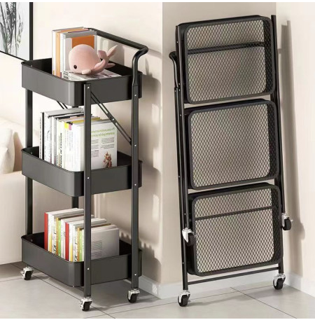 [AM-6660] Black foldable 3-tier metal serving rolling cart/عربة تقديم معدنية سوداء قابلة للطي بثلاثة أرفف