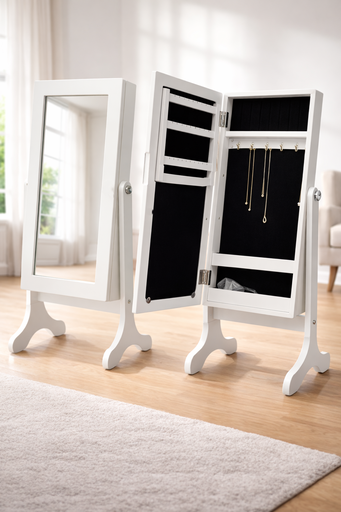 [AM-7990] White Elegant Jewellery Mirror Cabinet /خزانة مجوهرات بيضاء أنيقة مع مرآة