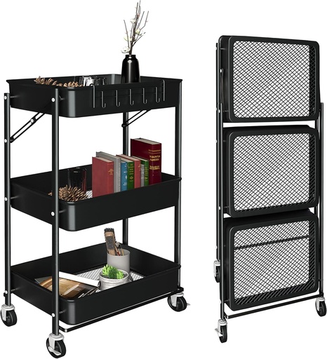 [AM-6831] Foldable 3-Tier Gray Metal Rolling Cart with Wheels without handrail عربة نقل معدنية رمادية قابلة للطي بثلاثة أرفف وعجلات