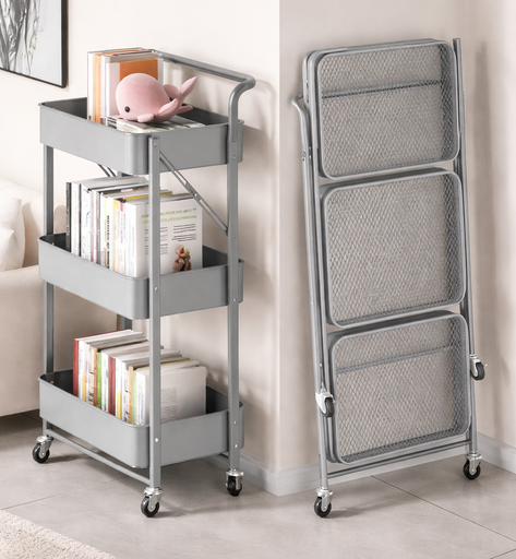 [AM-6833] Gray foldable 3-tier metal serving rolling cart/عربة تقديم معدنية رمادية قابلة للطي بثلاثة أرفف
