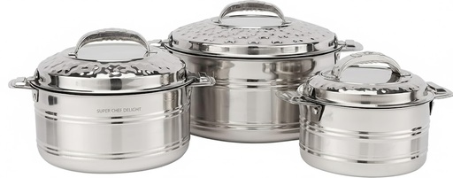 [AM-7149] STAINLESS STEEL HOT POT SET 3PCS-SUPER CHEF DELITE/ طقم حافظات الطعام من الفولاذ المقاوم للصدأ، 3 قطع